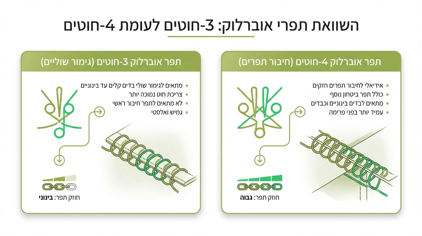 השוואה בין תפר 3 חוטים לתפר 4 חוטים באוברלוק