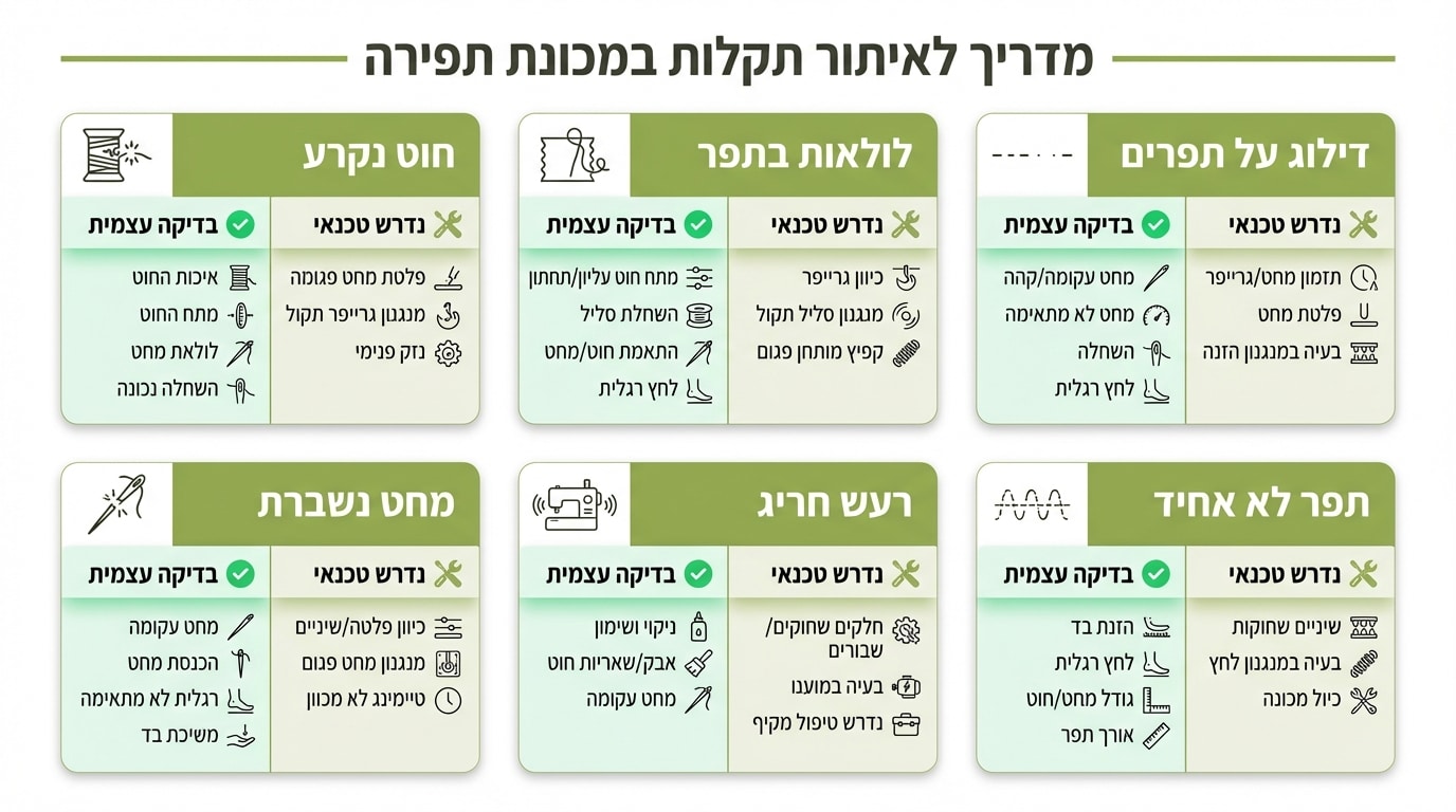 טבלת תקלות נפוצות במכונות תפירה